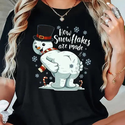 Christmas Themed T-Shirt, "How Snowflakes are Made" Print, Cotton Tshirt, Casual Round Neck Short Sleeve Top,  All-Season, Ladies' Leisure Sportswear