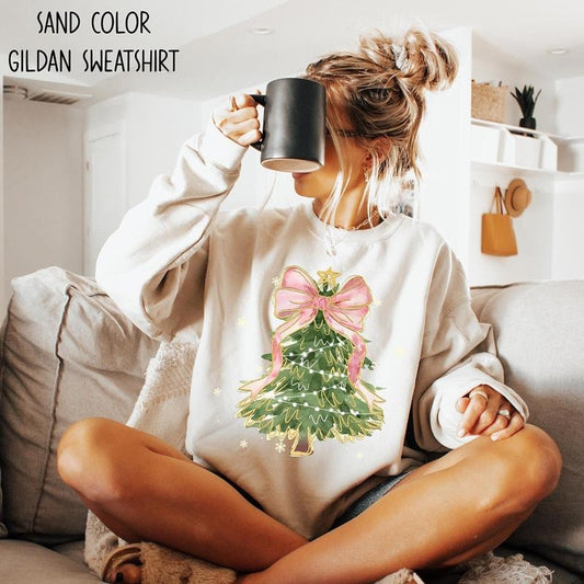 Christmas Tree Bow Shirt, Christmas Sweatshirt for Women, Christmas Tree Tshirt, Christmas Coquette Christmas Shirt
