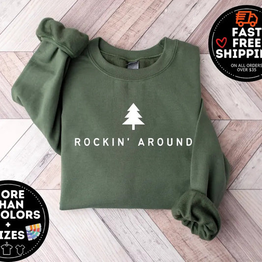 Christmas Tree Sweatshirt, Rockin Around the Christmas Tree Sweater, Minimal Christmas Crewneck, Merry Christmas Shirt, Unisex Adult Holiday