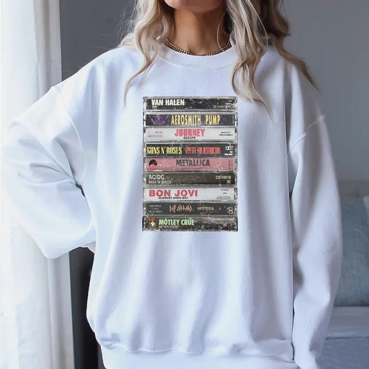 Classic 80s Rock Bands Hoodie. 1980s Music Cassette, List Of 80s Bands, Rock Fans Merch, Unisex Sweater Pullover Tee