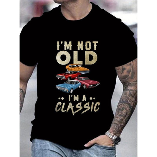 Classic Car Pattern Print Tee - Men's Crew Neck Short Sleeve T-Shirt for Summer Fashion, Casual Street Wear, and Vintage Car Enthusiasts - Unique Graphic Design and Humorous "I'M NOT OLD I'M A CLASSIC" Quote Made in USA