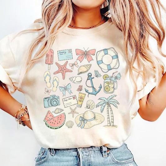 Coastal Coquette Shirt, Summer Vibes, Beach, Seashell Shirt, Vintage Summer, Retro Summer Shirts, Vacation, Girls Trip Graphic Tee