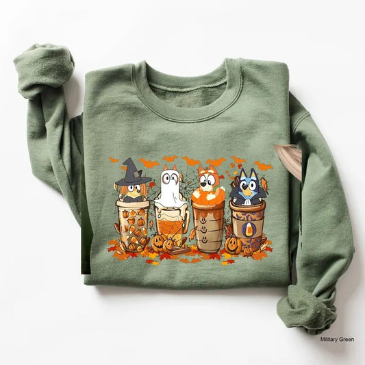 Coffee bluei Halloween Sweatshirt, Trick & Treat Family  Halloween T Shirt, Halloween Party Gift, Friends Halloween T-shirt, Cartoon Trending, Halloween 2024 Shirt