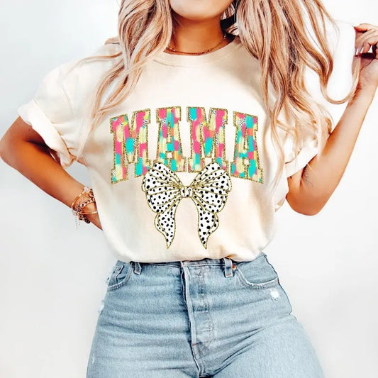 Colorful Coquette Glitter Mama Shirt, Gift for Mom, Bright Color Mama Coquette Bow Dalmatian Dots, brushstroke, Mama Varsity