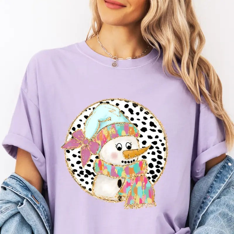 Colorful Faux Glitter Snowman #3 Christmas Shirt~ Unisex Apparel Relaxed Fit Printed In The USA Clothing Womenswear Casual Comfort Cotton Top Athletic