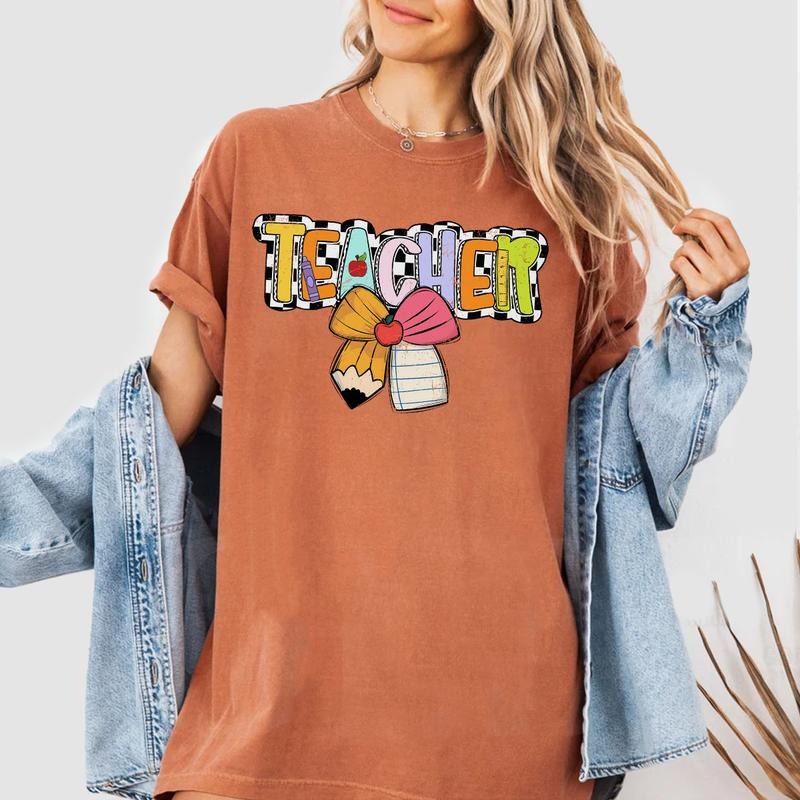 Colorful Teacher Shirt, Coquette Bow Teacher Sweatshirt, Retro Back to School Tee, Cute Teacher Outfit, Teacher Appreciation Gift