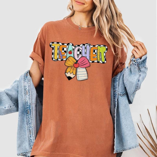 Colorful Teacher Shirt, Coquette Bow Teacher Sweatshirt, Retro Back to School Tee, Cute Teacher Outfit, Teacher Appreciation Gift