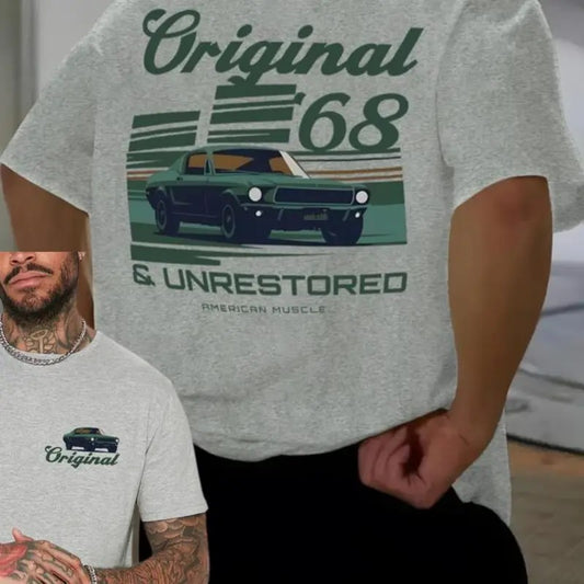 Comfort Color Men's Vintage Car Original 68 T-Shirt, Casual Short Sleeve Crew Neck Tshirt for Daily Streetwear, Graphic Tees Shirt