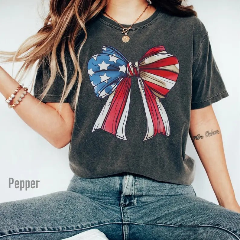 Comfort Colors 4th Of July Coquette Bow T-Shirt, Soft Cotton Crewneck for Men and Women, Unisex Casual Fitted Tee