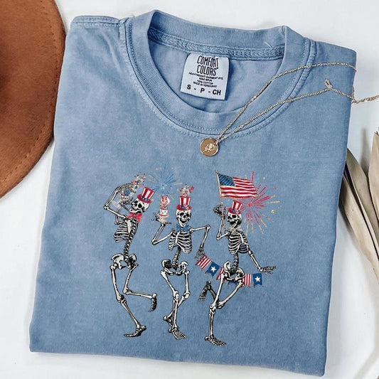 Comfort Colors 4th of July Skellies Shirt, Dancing Skeleton Shirt, American Flag Shirt, Stars and Stripes Shirt, Red White Blue, Unisex T-Shirt