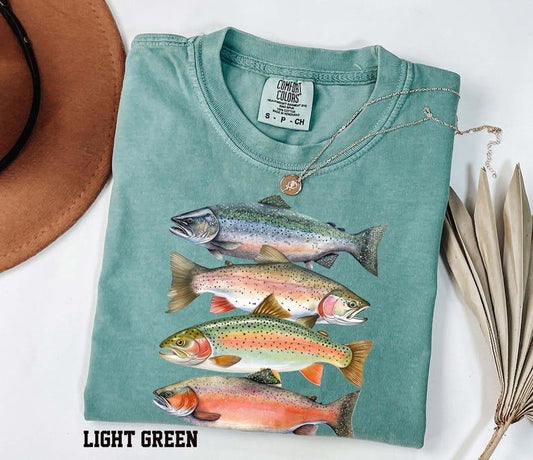 Comfort Colors Abstract Colorful Trout In A Row Shirt - River Fish Trout Species Outfit - Fly Fishing Gift - Boho Unisex Crewneck  Shirt