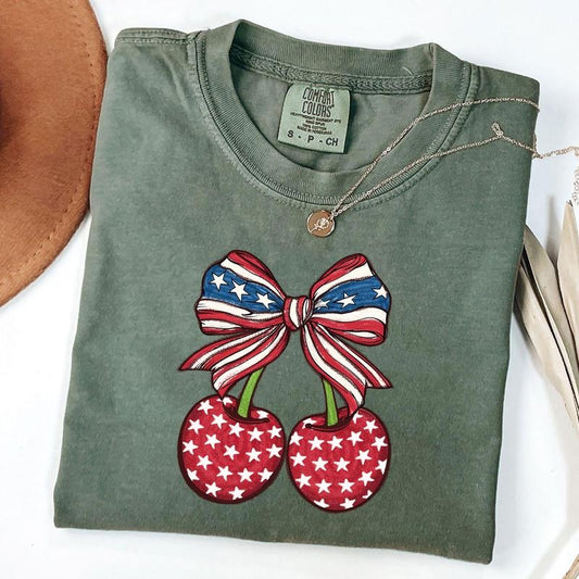 Comfort Colors America Cherries Shirt, Cherry Bow Tee, Trendy 4th Of July T-Shirt