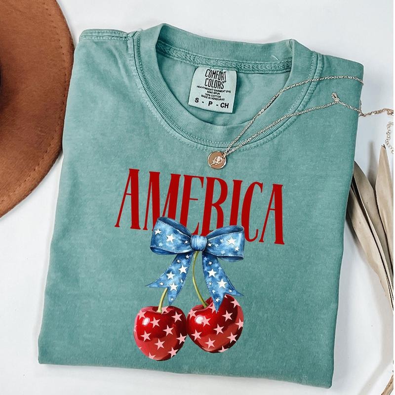 Comfort Colors America Cherries Shirt, Cherry Bow Tee, Trendy July 4th Shirt, 4th of july Woman T-Shirt, Usa Flag Tshirt
