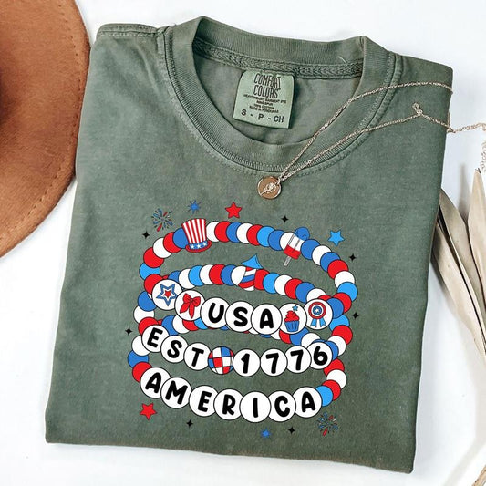 Comfort Colors America Friendship Bracelet Shirt, Preppy 4th of July USA T-Shirt, Girly 4th of July T-Shirt, Independence Day, Unisex T-Shirt