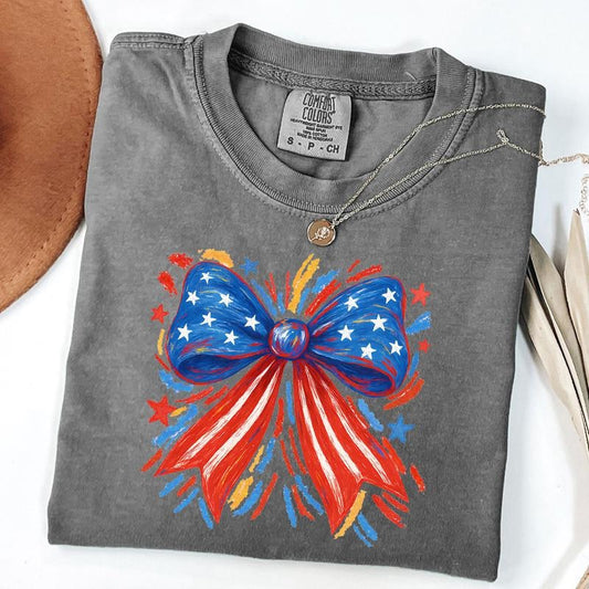 Comfort Colors America USA Coquette Shirt, Land Of The Free Shirt, Retro America Shirt, Usa 4th Of July Bow Shirt, Unisex T-Shirt