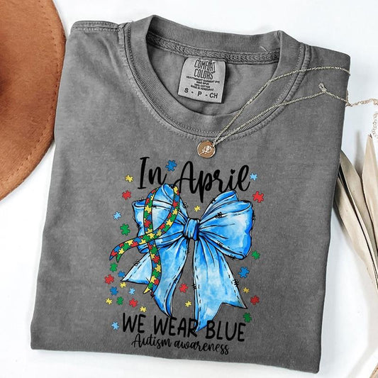 Comfort Colors Autism Awareness Coquette Bow Shirt, In April We Wear Blue Shirt, Special Education Shirt, Unisex T-Shirt