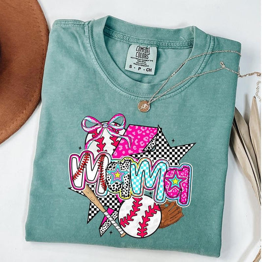 Comfort Colors Baseball Mama Shirt, Preppy Baseball Tee, Retro Checkered Baseball Coquette Bow Shirt, Game Day T-Shirt, Sport Mom Gift