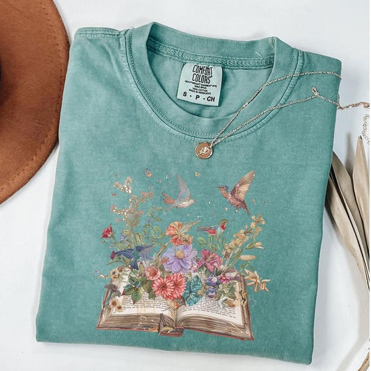 Comfort Colors Bird and Flower Shirt, Vintage Floral Tee, Botanical T-Shirt, Aesthetic Graphic Shirt, Gift for Bookworm