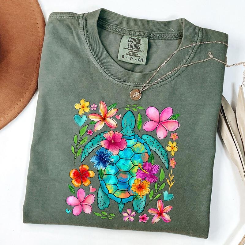 Comfort Colors Boho Floral Sea Turtle Shirt, Brushstroke Turtle Shirt, Beach Floral Shirt, Unisex T-Shirt
