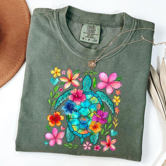 Comfort Colors Boho Floral Sea Turtle Shirt, Brushstroke Turtle Shirt, Beach Floral Shirt, Unisex T-Shirt