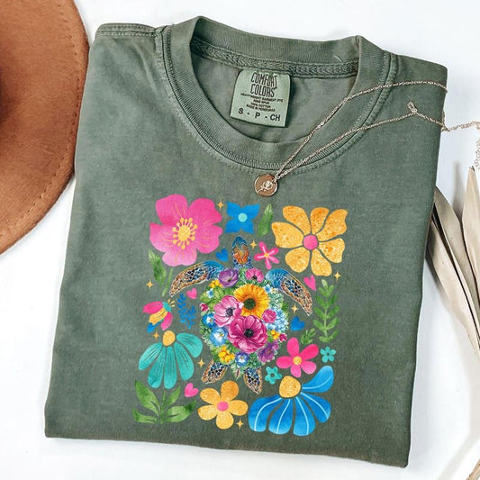 Comfort Colors Boho Floral Sea Turtle Shirt, Sea Turtle Tee, Fisherman Aesthetic Shirt, Unisex T-Shirt