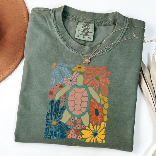 Comfort Colors Boho Floral Turtle Shirt, Summer Vibes T-Shirt, Summer Ocean Turtle Tee, Boho Flower Shirt