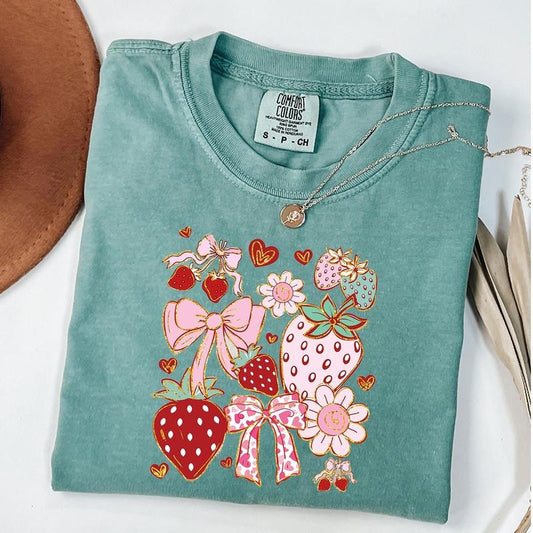 Comfort Colors Boho Strawberry Coquette Shirt, Preppy Strawberries Shirt, Strawberry Festival Shirt, Unisex T-Shirt