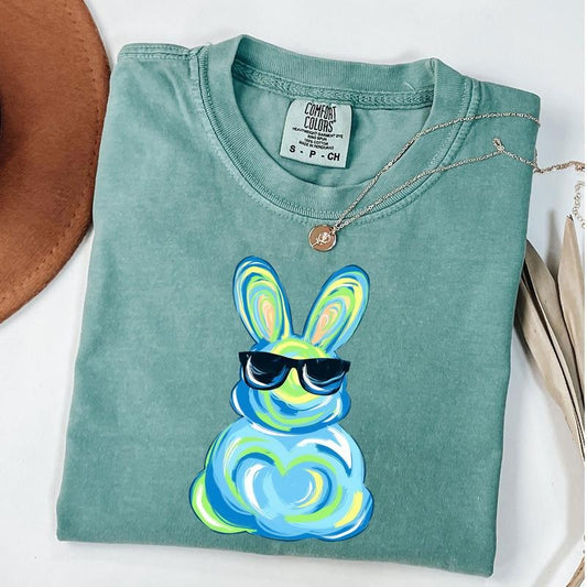 Comfort Colors Brushstroke Bunny Shirt, Bunny Coquette Bow T-Shirt, Blue Bunny Shirt, Retro Easter Shirt, Boys Easter Tee