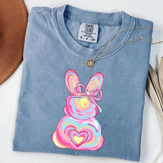 Comfort Colors Brushstroke Bunny Shirt, Bunny Coquette Bow T-Shirt, Pink Bunny Shirt, Retro Easter Shirt, Girls Easter Tee
