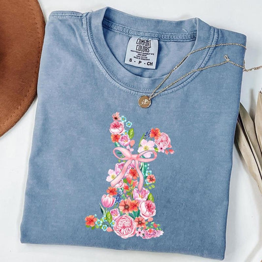 Comfort Colors Bunny Coquette Floral Shirt, Floral Easter Bunny Shirt, Easter Coquette Bow Tee, Girly Easter Shirt, Unisex T-Shirt