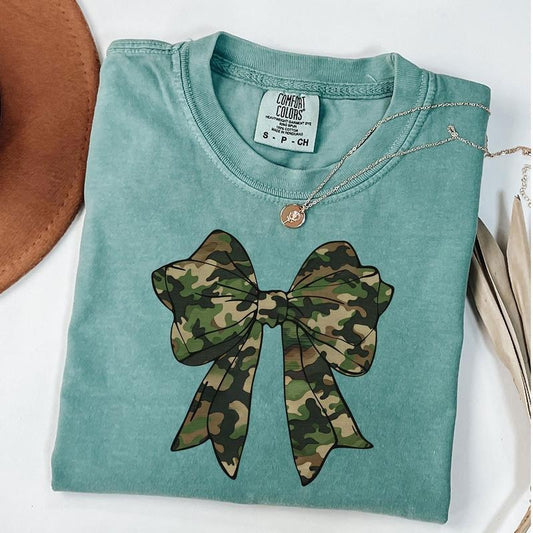 Comfort Colors Camo Coquette Bow Shirt, Coquette Camouflage Bow T-Shirt, Retro Camo Girl T-Shirt, Unisex T-Shirt