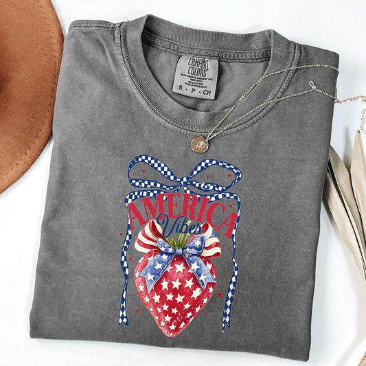 Comfort Colors Checkered America Strawberry Tee, Trendy 4th Of July T-Shirt, America Vibes Shirt