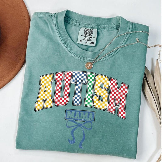 Comfort Colors Checkered Autism Mama Coquette Shirt, Retro Autism Mama T-Shirt, Autism Advocate Shirt, Special Education T-Shirt, Unisex T-Shirt
