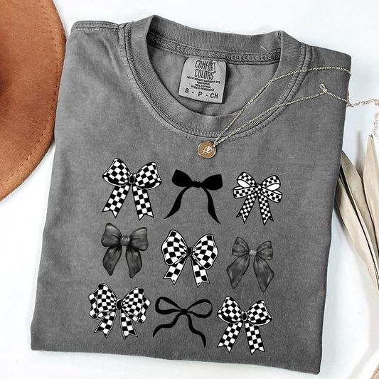 Comfort Colors Checkered Bow T-Shirt, Coquette Black Bow Tee, Retro T-Shirt