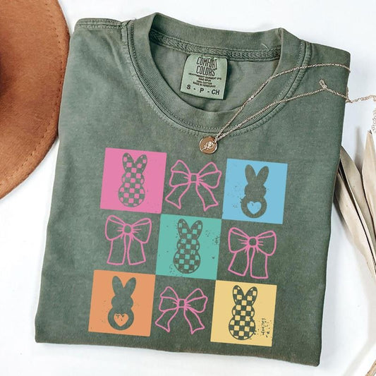 Comfort Colors Checkered Easter Bunny T-Shirt, Retro Easter Coquette Shirt, Gift For Her