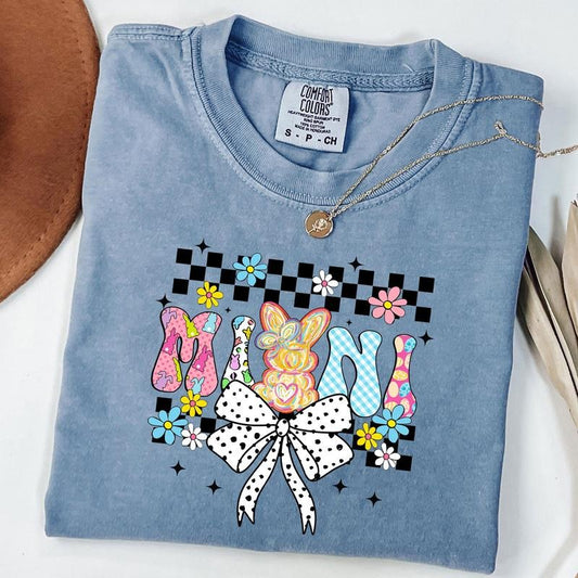 Comfort Colors Checkered Easter Mama Bunny Coquette Bow T-shirt, Easter Bow Shirt, Mama Bunny T-Shirt, Unisex T-Shirt
