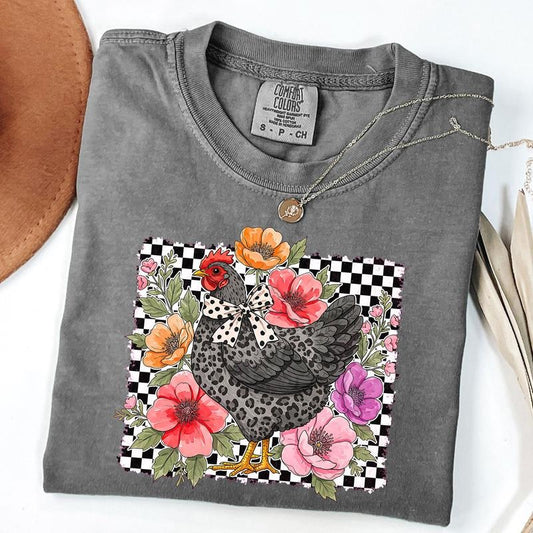 Comfort Colors Checkered Floral Chicken Shirt, Wildflower Chicken T-Shirt, Chicken Lover Shirt, Farm Life T-Shirt, Unisex T-Shirt