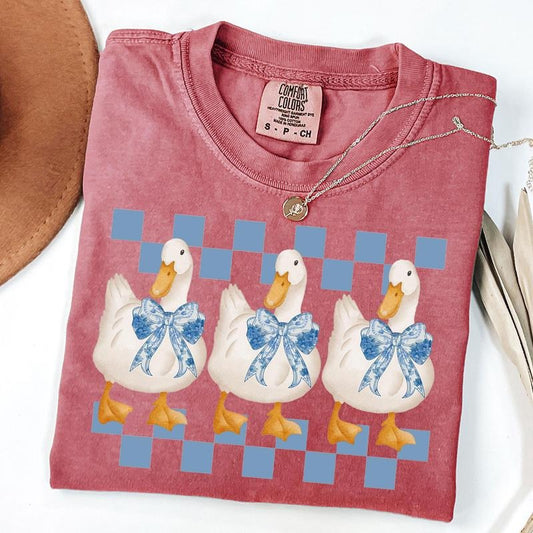 Comfort Colors Checkered Goose Coquette Shirt, Goose Lover Shirt, Blue Toile Coquette T-Shirt, Gift For Her, Unisex T-Shirt