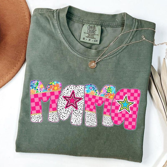Comfort Colors Checkered Mama Floral Shirt, Pink Mama Shirt, Preppy Mama Shirt, New Mom Gift, Mother's Day Gift, Unisex T-Shirt