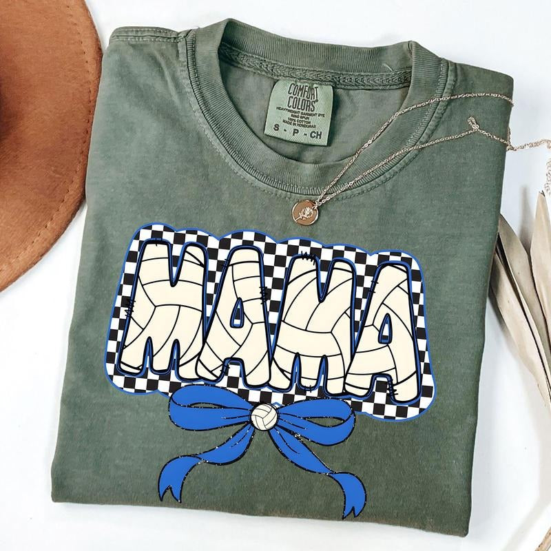Comfort Colors Checkered Mama Volleyball Shirt, Sport Mama Bow Shirt, Gift For Volleyball Lover Mom Shirt, Mothers Day Gift