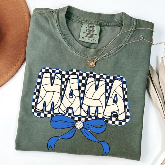 Comfort Colors Checkered Mama Volleyball Shirt, Sport Mama Bow Shirt, Gift For Volleyball Lover Mom Shirt, Mothers Day Gift