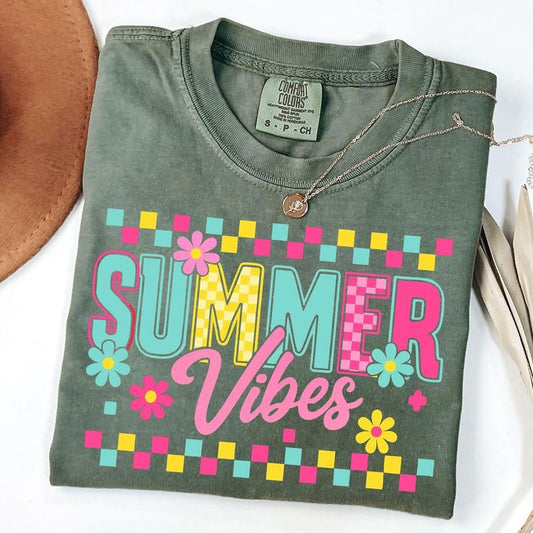 Comfort Colors Checkered Summer Vibes Shirt, Retro Summer T-Shirt, Hello Summer Shirt, Retro Floral T-Shirt, Unisex T-Shirt