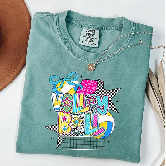 Comfort Colors Checkered Volleyball Shirt, Volleyball Coquette T-Shirt, Volleyball Mama Shirt, Game Day, Unisex T-Shirt