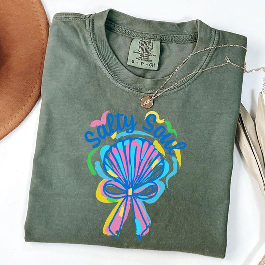 Comfort Colors Clam Pearl Coquette Salty Soul T-Shirt, Summer Vibes Shirt, Girly Summer Tee, Unisex T-Shirt