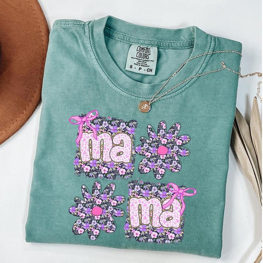 Comfort Colors Coquette Bow Floral Mama Shirt, Mama Flower Shirt, Retro Mama Flower, Mother's Day Gift, Unisex T-Shirt