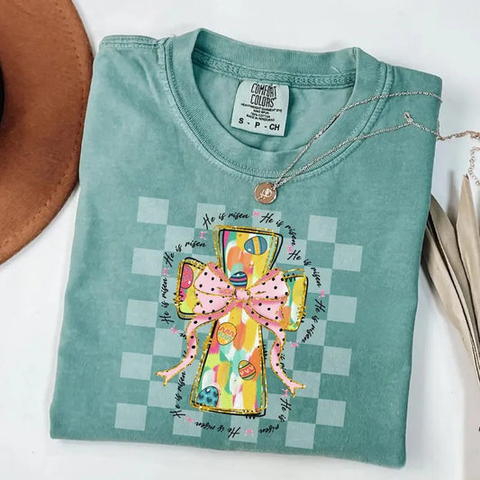 Comfort Colors Coquette Easter Cross Shirt Pink Bow Shirt Colorful Brushstroke Easter Shirt Jesus Cross Checkered