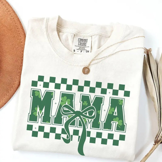 Comfort Colors Coquette Mama St Patrick's Day T-shirt, Retro Checkered St Patricks Shirt, Cottagecore Green Bow Tee