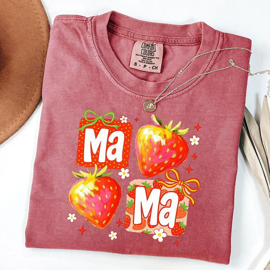 Comfort Colors Coquette Mama Strawberry Brushstroke Shirt, Cute Strawberry Floral Mama Glitter Shirt, Mother's Day Gift, Unisex T-Shirt