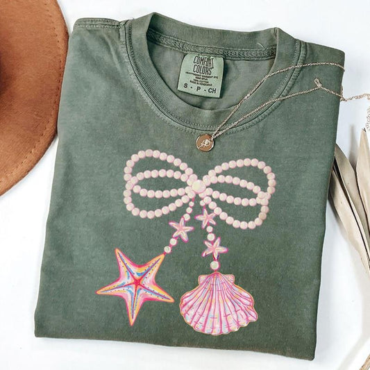 Comfort Colors Coquette Pearl Bow Shirt, Summer Beach Tee, Pink Clam T-Shirt, Gift For Her, Unisex T-Shirt