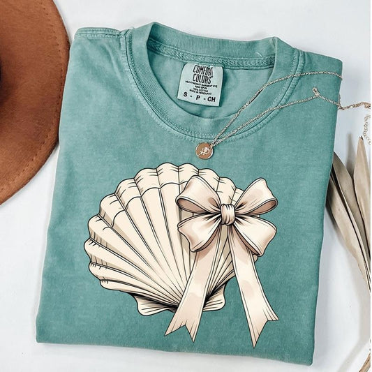 Comfort Colors Coquette Seashell Shirt, Summer Vibes Tee, Coquette Beach Shirt, Girls Trip Tee, Seashell Bow Shirt, Unisex T-Shirt